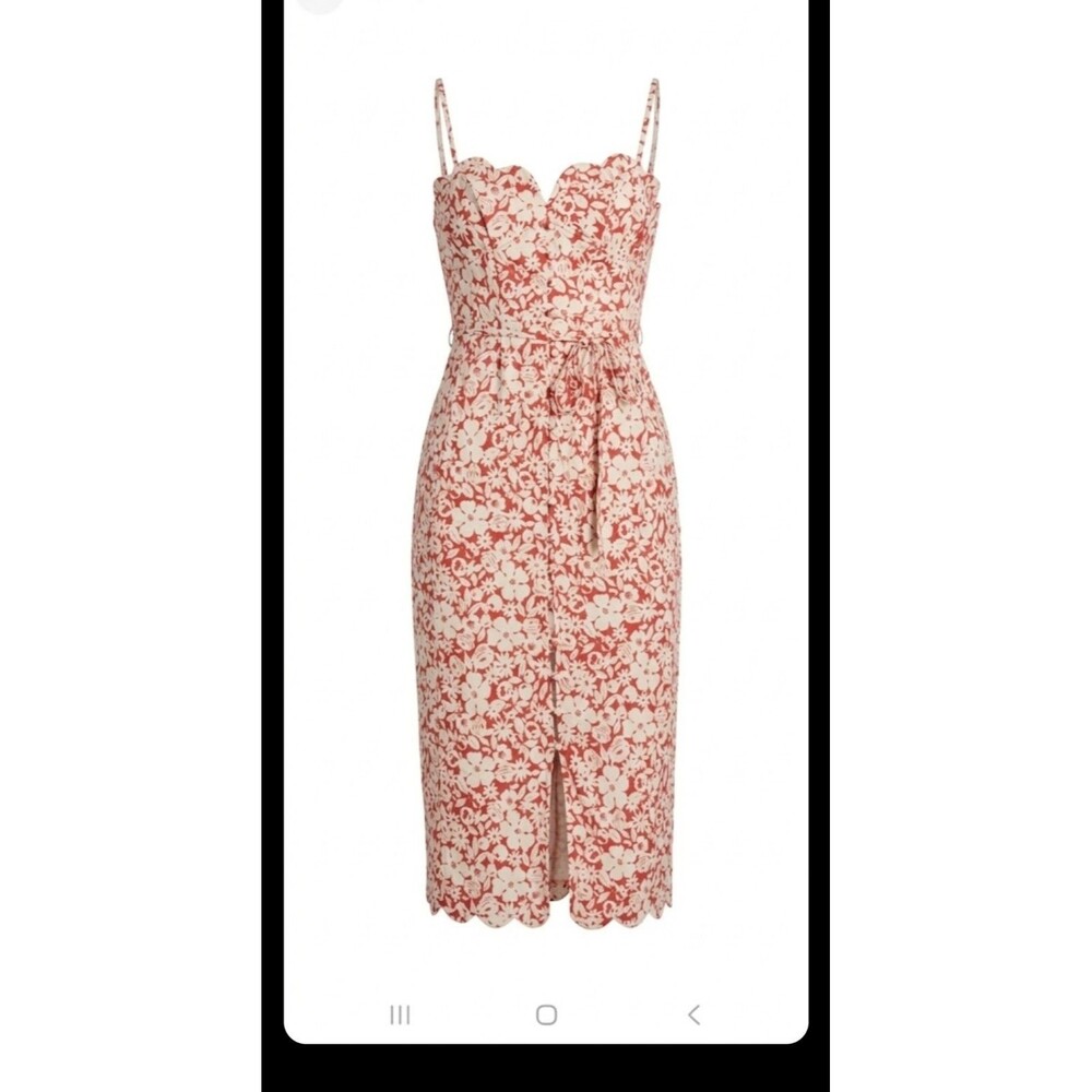 ​ANTHROPOLOGIE Dress Sz 0 Red Floral Scalloped Sweetheart Button Front Midi chic